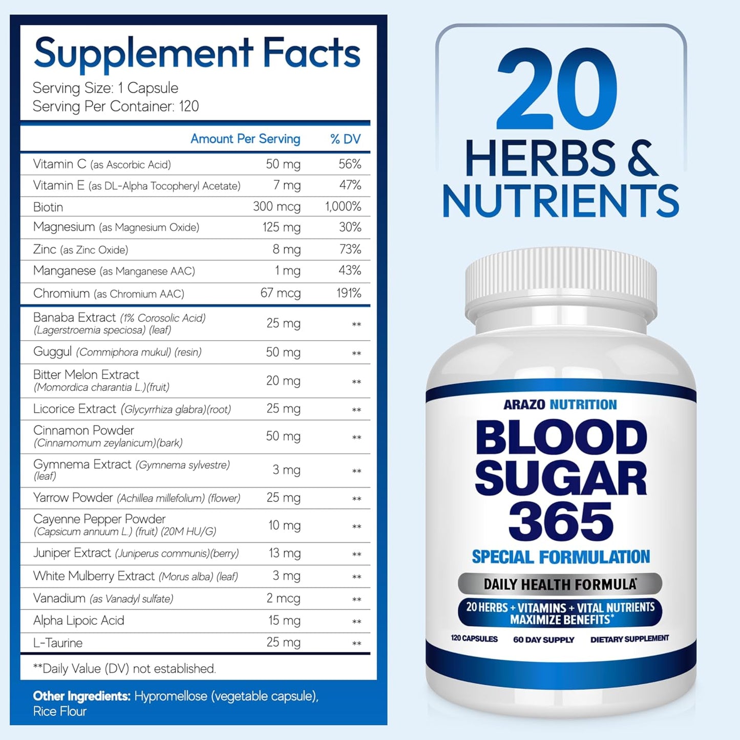 Arazo Nutrition Blood Sugar 365 Supplement – Supports Normal Energy Levels, 120 Capsules (60-Day Supply) - görsel 2