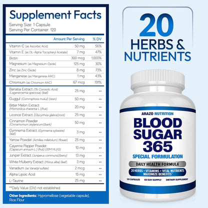 Arazo Nutrition Blood Sugar 365 Supplement – Supports Normal Energy Levels, 120 Capsules (60-Day Supply)