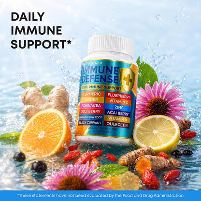 12 in 1 Immune Support Supplement - Immune Defence Vitamins with Elderberry, Vitamin D3, C, Zinc, Echinacea, Ginger - Natural Immunity Booster - 120 Capsules