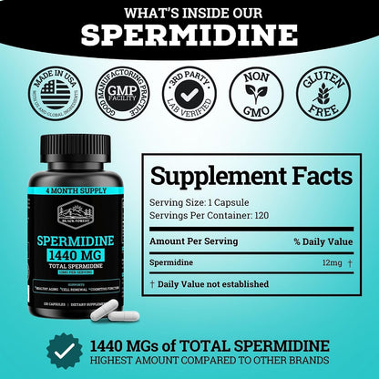 Spermidine Food Supplement – 1440mg (99% Pure) – 120 Capsules – 4 Month Supply