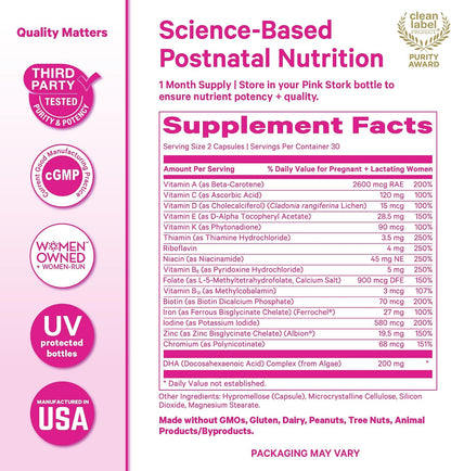 Pink Stork Total Postnatal Vitamins | Vegan DHA, Methylated Folate, Iron | 60 Capsules