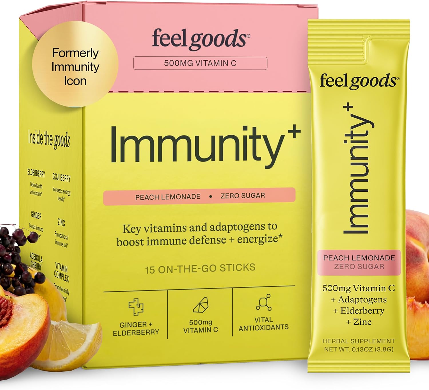 Feel Goods Immunity+ Immune Support Drink Mix - Peach Lemonade, 15 Stick Packs - görsel 1