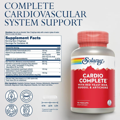 SOLARAY Cardio Complete - Cardiovascular Support Supplement with Red Yeast Rice, Guggul & Artichoke - B Vitamins - 90 VegCaps