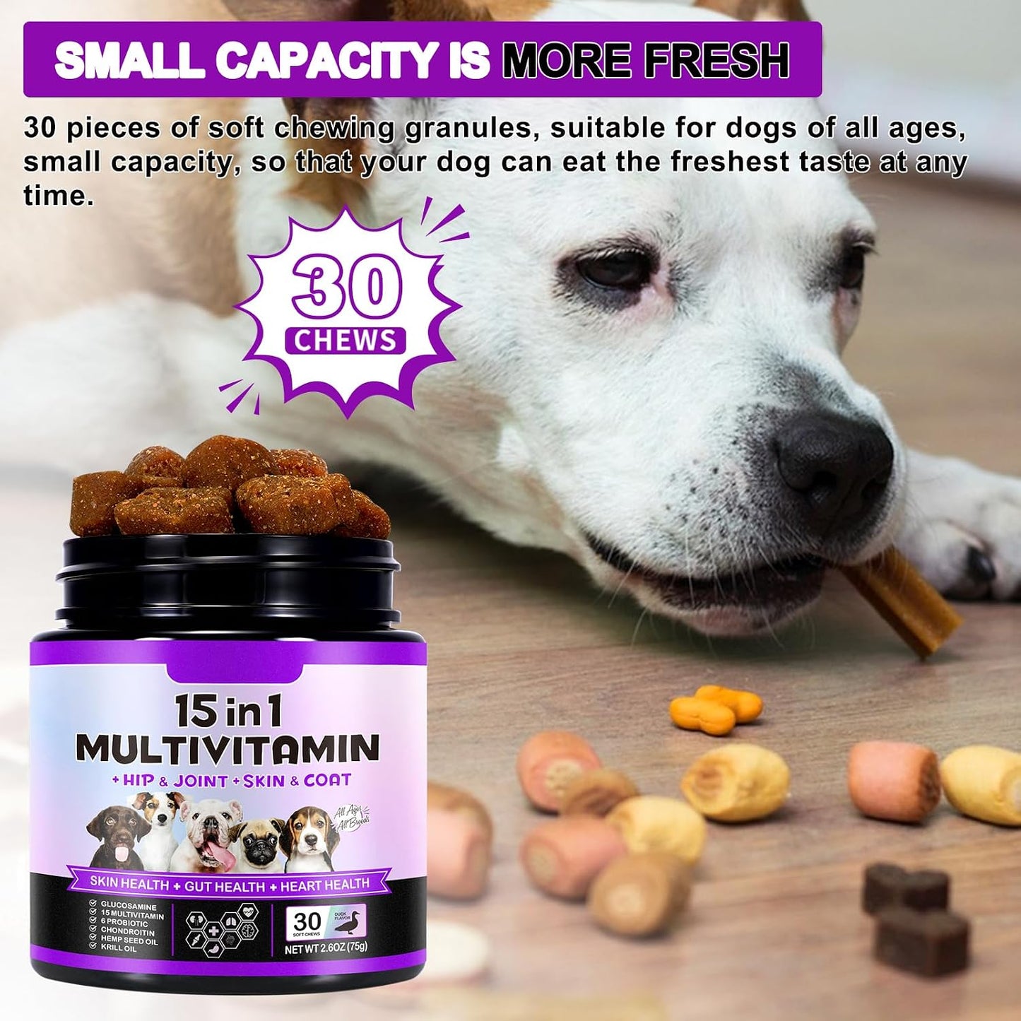 Dog Multivitamin Chewable, Dog Daily Vitamins and Supplements, 15-in-1 Complete Daily Supplement with Glucosamine & Probiotics – Duck Flavour, 150 Chews - görsel 4