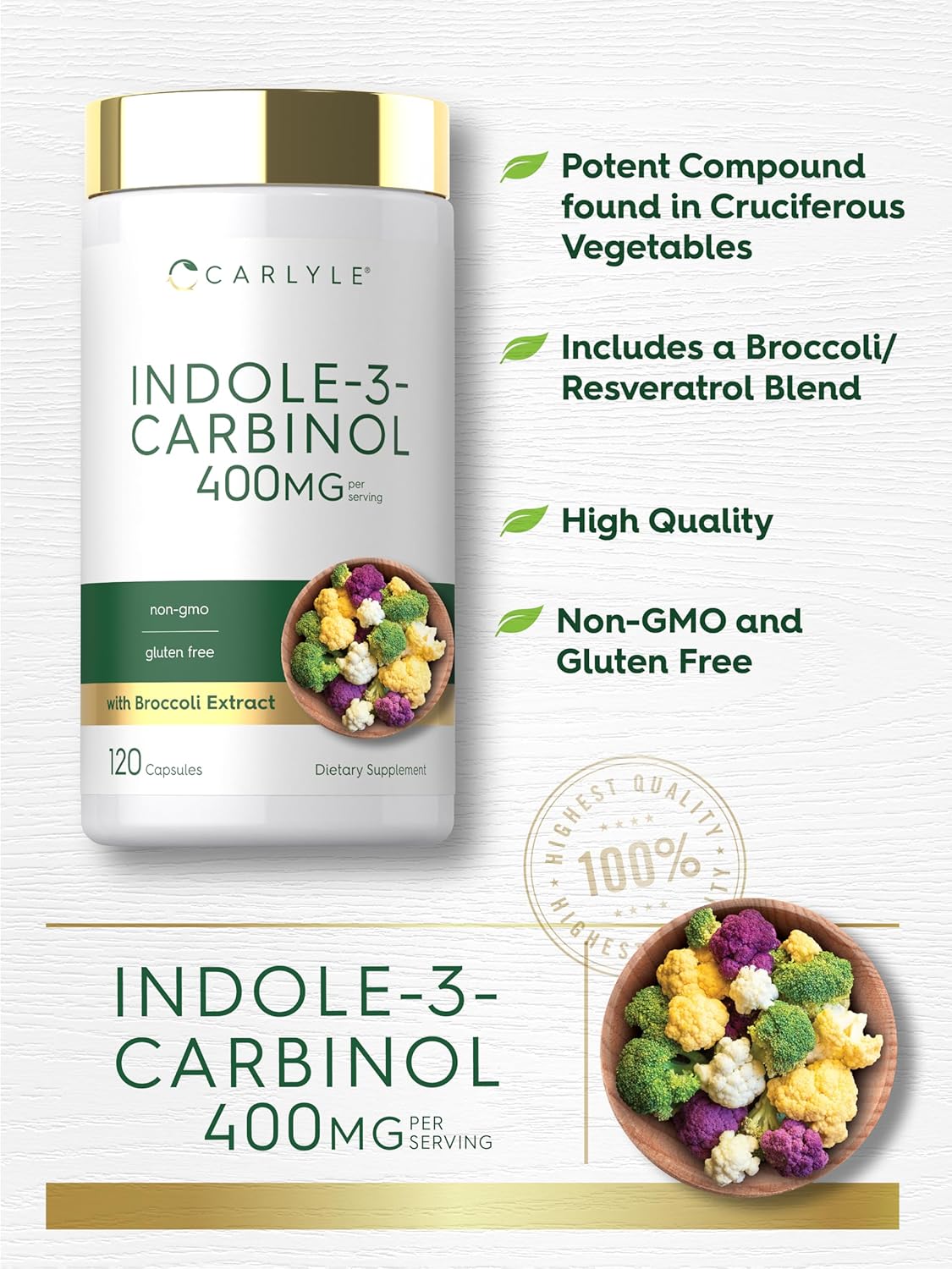Carlyle Indole-3-Carbinol 400 mg Supplement – 120 Capsules with Broccoli & Resveratrol Blend - görsel 4