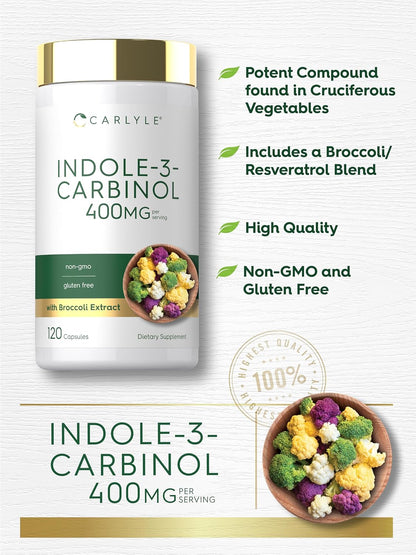 Carlyle Indole-3-Carbinol 400 mg Supplement – 120 Capsules with Broccoli & Resveratrol Blend