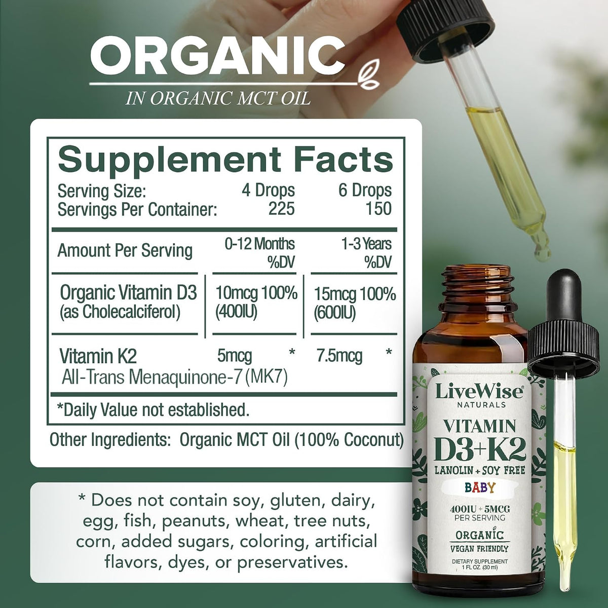 Live Wise Naturals Organic Vitamin D3 K2 Liquid Drops for Infants - 225 Servings - görsel 3
