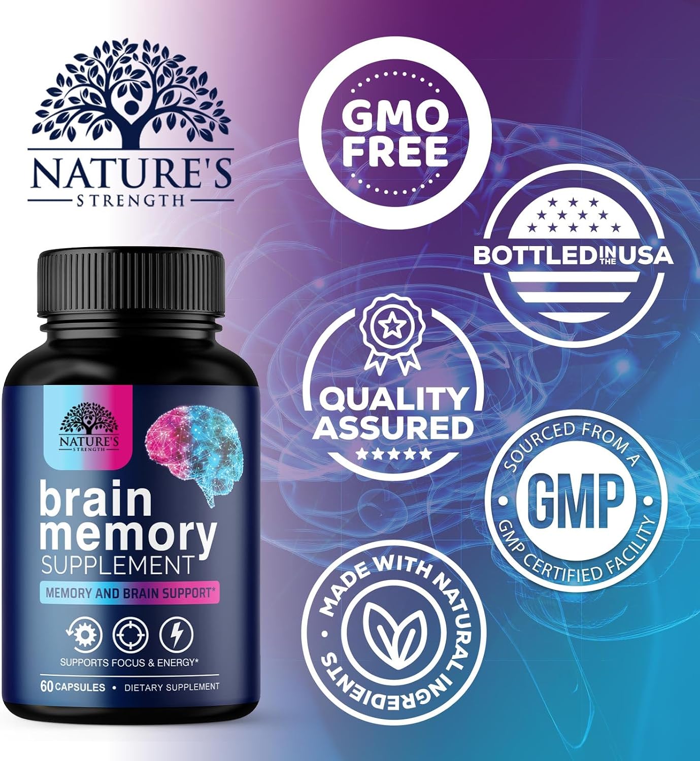 Nature's Strength Brain Memory Supplement - 3X Strength Nootropic Capsules for Concentration, Clarity & Focus Support - with Bacopa, Phosphatidylserine & DMAE - 60 Capsules - görsel 4