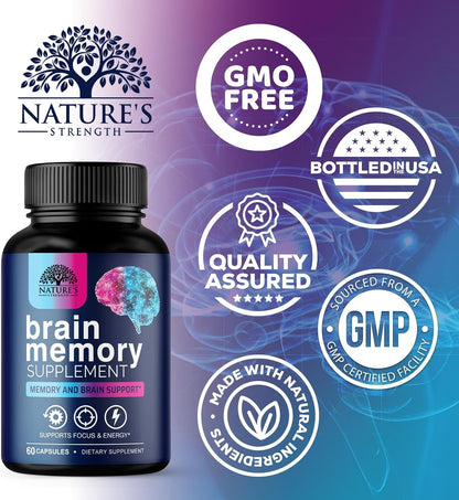 Nature's Strength Brain Memory Supplement - 3X Strength Nootropic Capsules for Concentration, Clarity & Focus Support - with Bacopa, Phosphatidylserine & DMAE - 60 Capsules