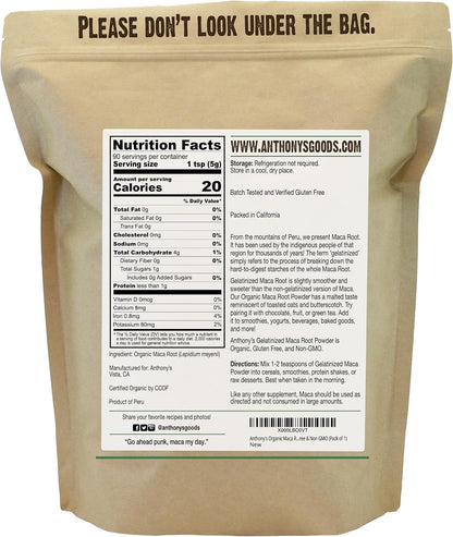 Anthony's Organic Gelatinised Maca Root Powder, 1 lb