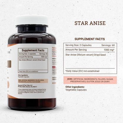 Secrets of the Tribe Star Anise Capsules, 1000 mg, Star Anise (Illicium verum) Dried Seed, 120 Capsules