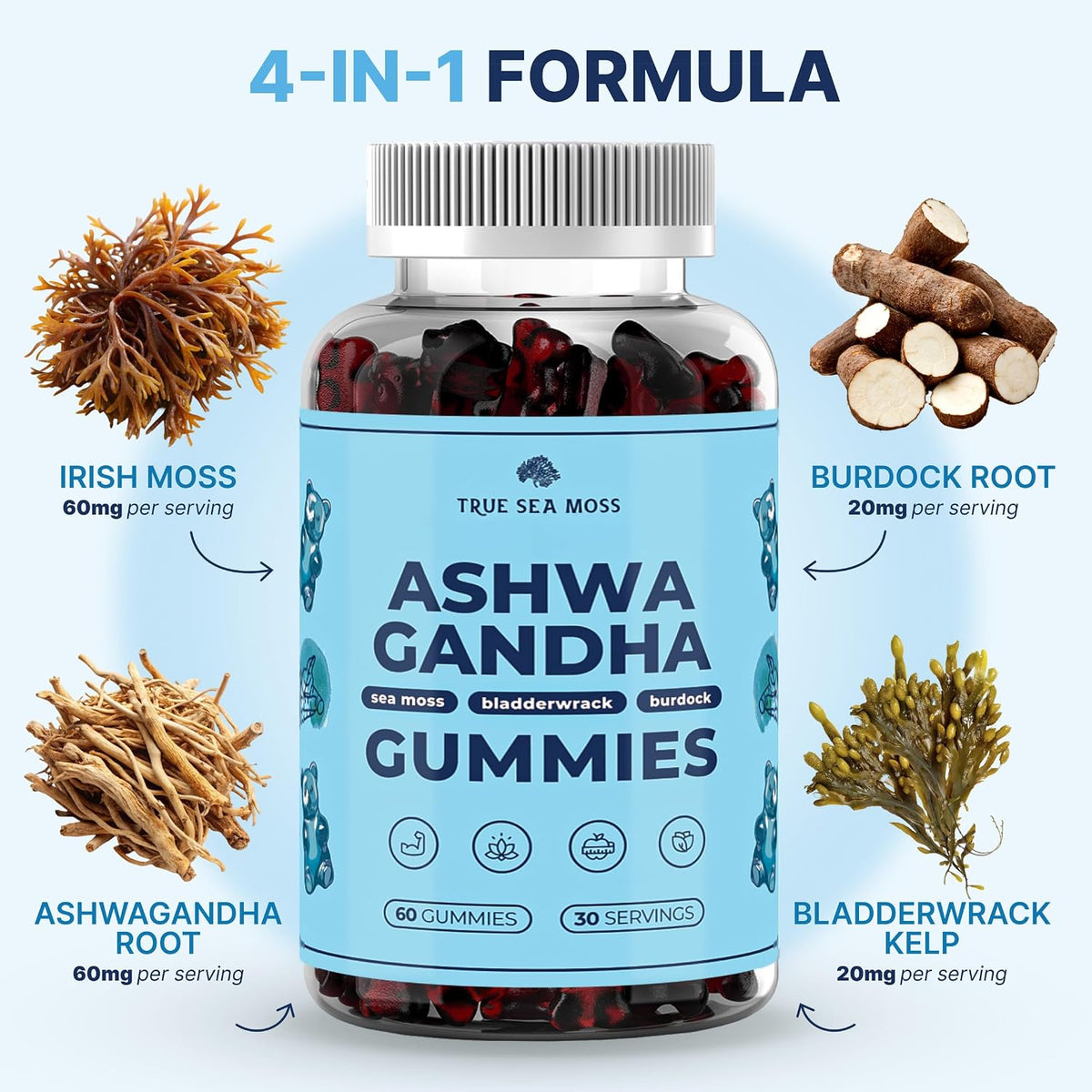 TrueSeaMoss Sea Moss Gummies with Ashwagandha, Burdock Root & Bladderwrack – for Adults & Children 4+, Fruity Flavour – 60 Gummies - görsel 4