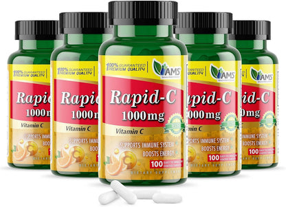 America Medic & Science Rapid-C 1000mg Vitamin C Food Supplement (5 Pack of 100 Tablets) - Immune Support, Antioxidant, Energy Metabolism | Vegan, Non-GM Coated Ascorbic Acid for Adults