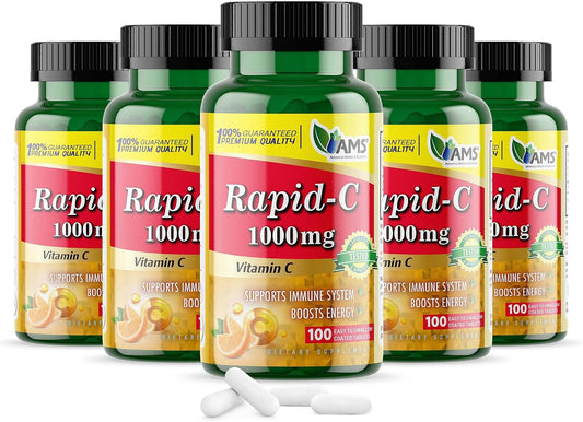 America Medic & Science Rapid-C 1000mg Vitamin C Food Supplement (5 Pack of 100 Tablets) - Immune Support, Antioxidant, Energy Metabolism | Vegan, Non-GM Coated Ascorbic Acid for Adults