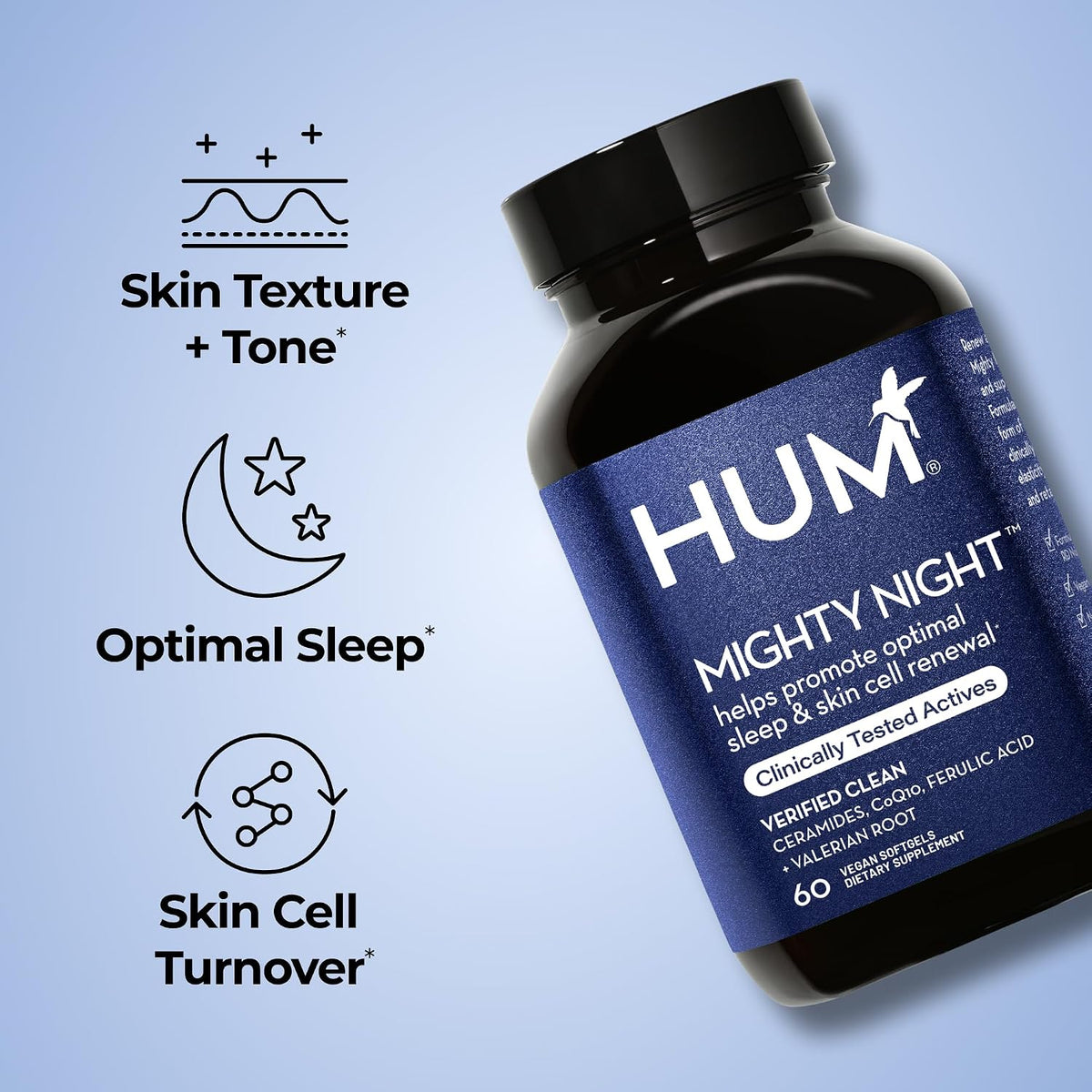 HUM Mighty Night Night-time Sleep Supplement for Skin care, CoQ10, Valerian Root & Ferulic Acid, 60 Vegan Softgels - görsel 3