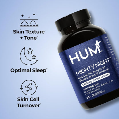 HUM Mighty Night Night-time Sleep Supplement for Skin care, CoQ10, Valerian Root & Ferulic Acid, 60 Vegan Softgels