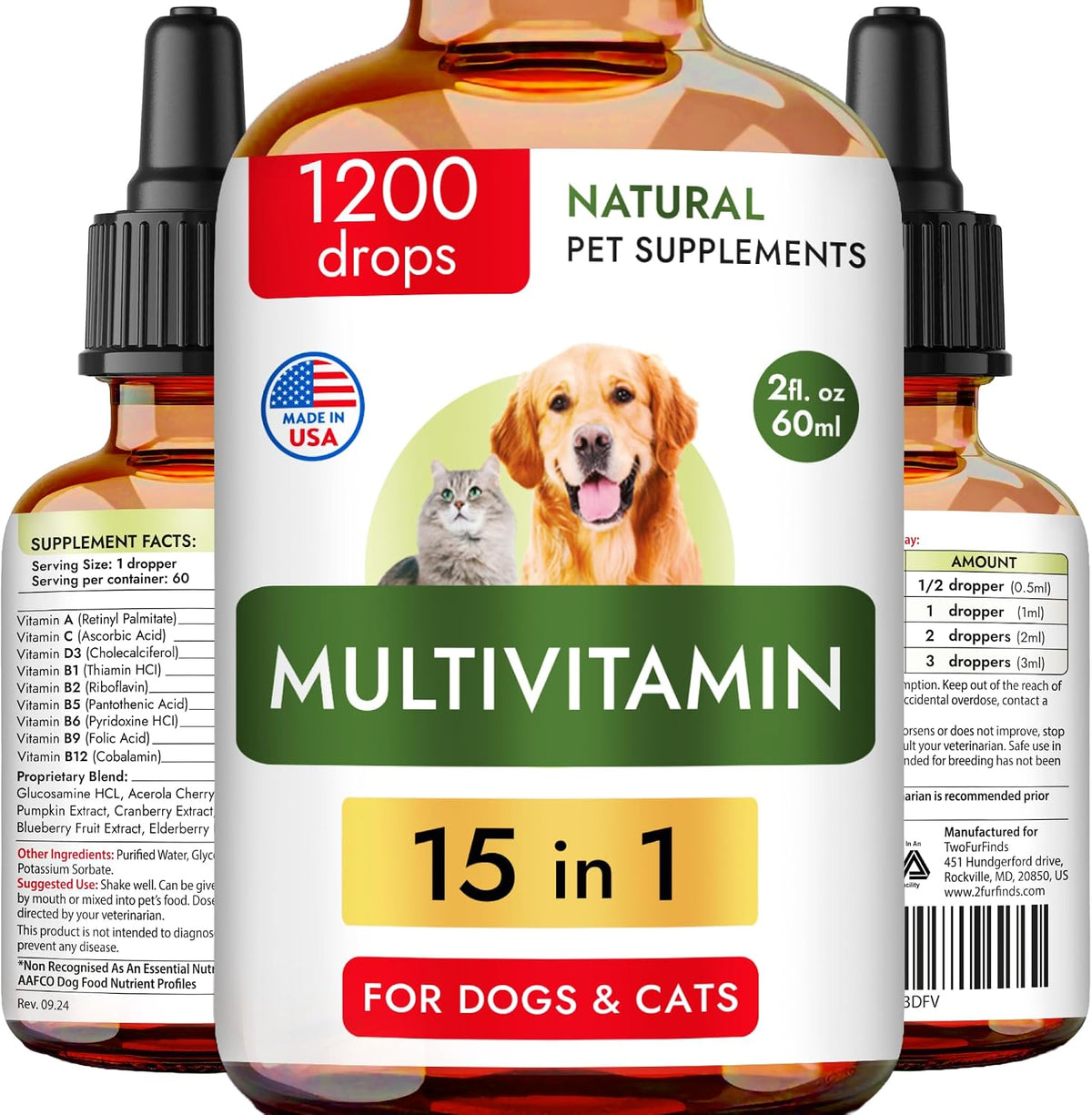 15-in-1 Liquid Multivitamin for Dogs and Cats - Glucosamine for Dogs, Cranberry, Vitamin B Complex - Balanced Ingredients for Joint, Digestive, Immune, Skin and Coat and Urinary Tract Support - US Made - 2.0 fl oz (59 ml) - görsel 1