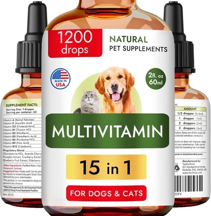 15-in-1 Liquid Multivitamin for Dogs and Cats - Glucosamine for Dogs, Cranberry, Vitamin B Complex - Balanced Ingredients for Joint, Digestive, Immune, Skin and Coat and Urinary Tract Support - US Made - 2.0 fl oz (59 ml)