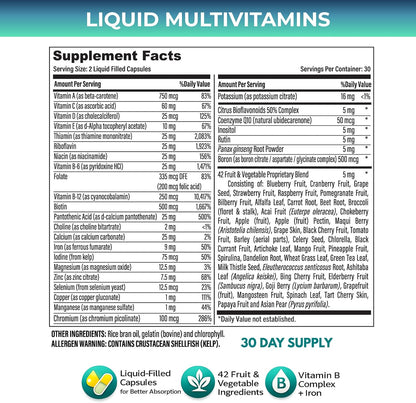 Grab The Gold Liquid Women's Multivitamin Capsules with Iron, 42 Fruit & Vegetables - Fast Absorption for Daily Energy & Wellness