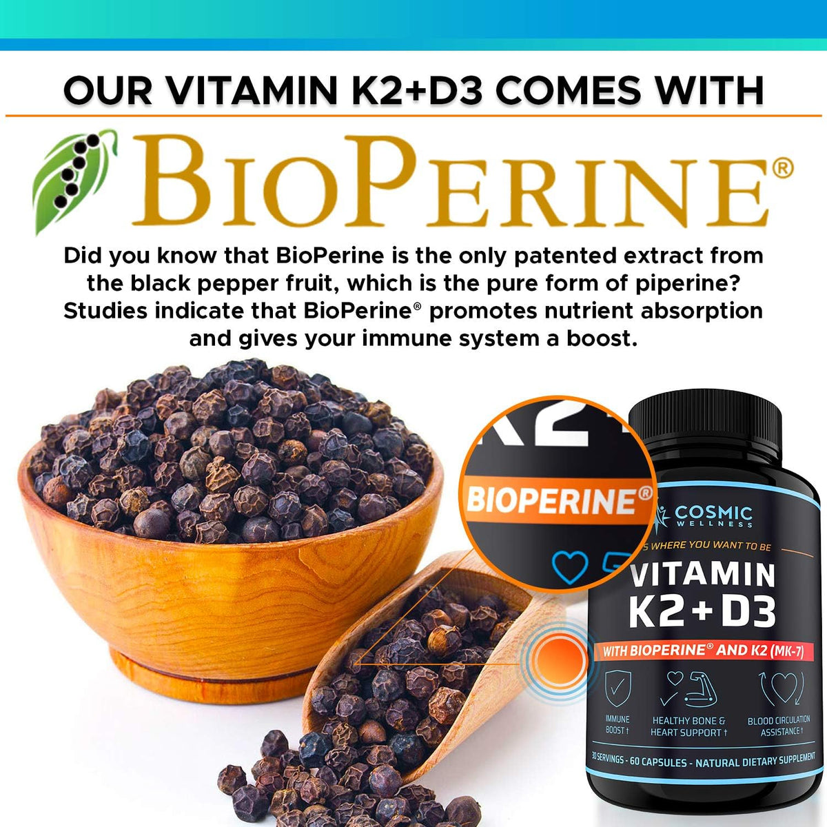 Vitamin D3 K2 MK-7 5000 IU Supplement with BioPerine – for Bone, Heart, and Immune Support - görsel 2