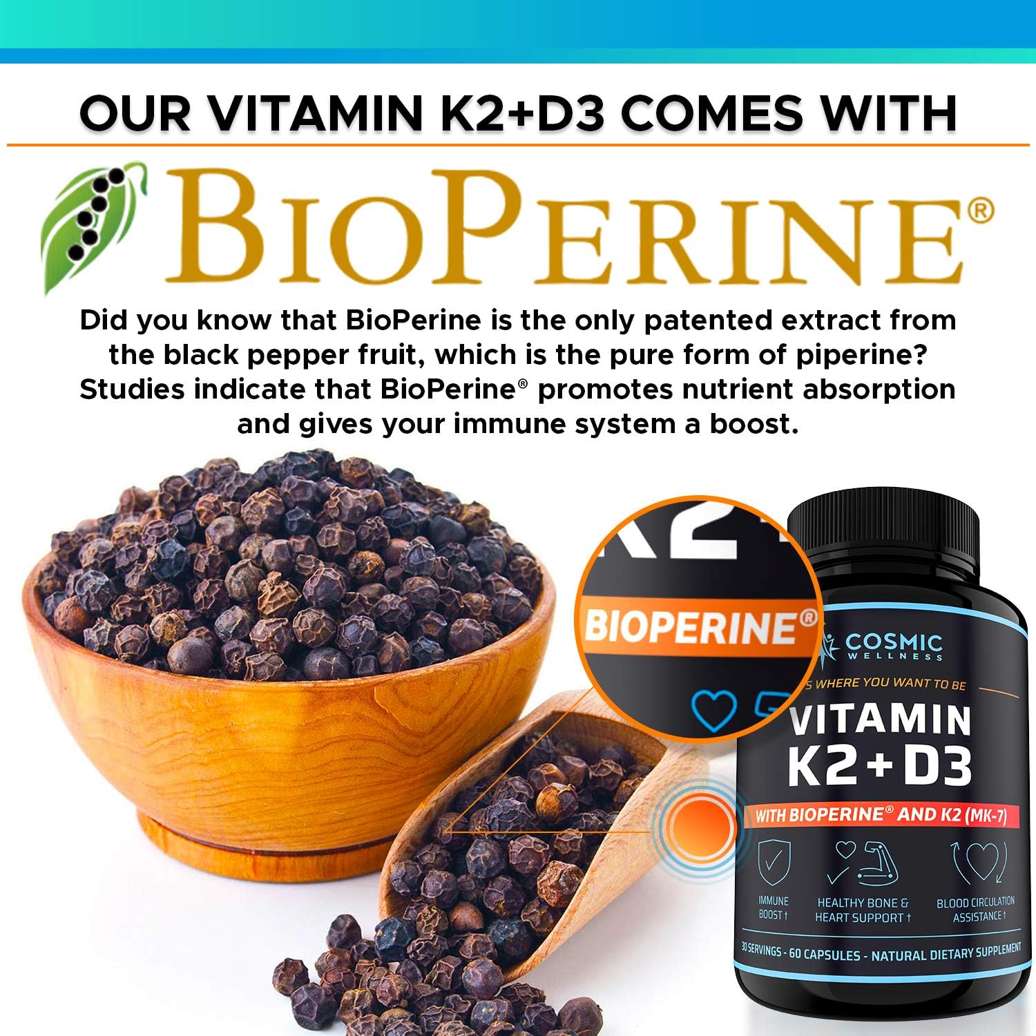Vitamin D3 K2 MK-7 5000 IU Supplement with BioPerine – for Bone, Heart, and Immune Support - görsel 2