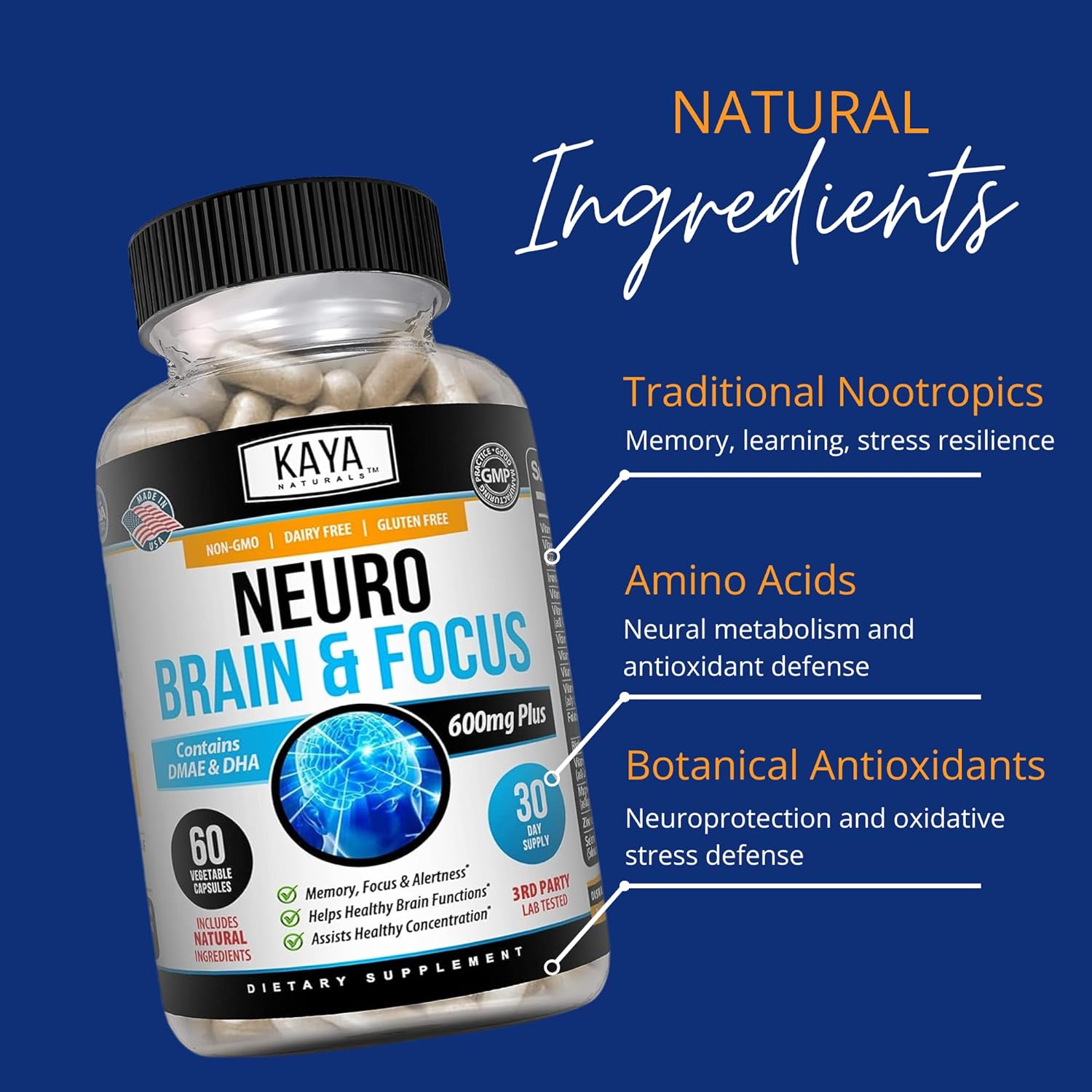 Kaya Naturals Neuro Brain for Memory & Focus - Nootropic Brain Support Supplement - 60 Count - görsel 5