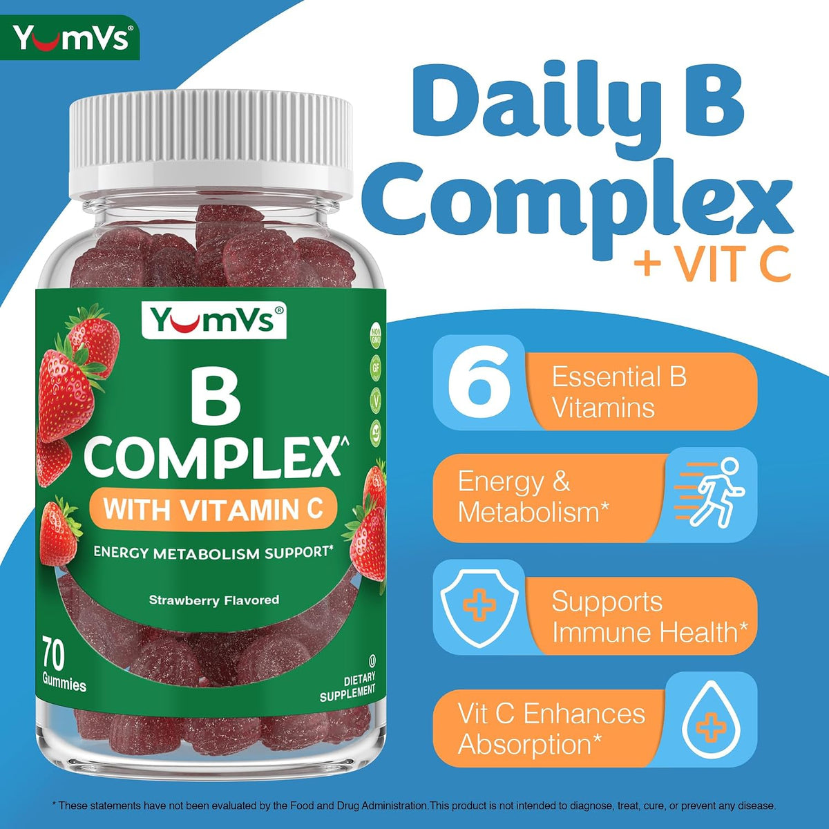 YUM-V'S B Complex Gummies with Vitamin C – Strawberry Flavour – 70 Count - görsel 2