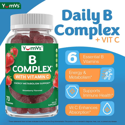 YUM-V'S B Complex Gummies with Vitamin C – Strawberry Flavour – 70 Count