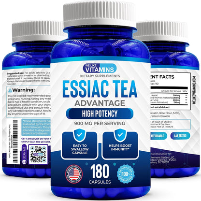 We Like Vitamins Essiac Tea Capsules - 180 Count - 900mg Daily Dose - Herbal Supplement with Burdock, Sheep Sorrel, Slippery Elm & Turkey Rhubarb