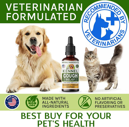 Kennel Cough Treatment for Dogs & Cats - Collapsed Trachea & Cat Asthma Support - Dog Cough Suppressant - Liquid Throat Soother - Dry, Wet & Barky Pet Cough Relief for All Breeds - Made in the USA - 2 Oz (approx. 59 ml)