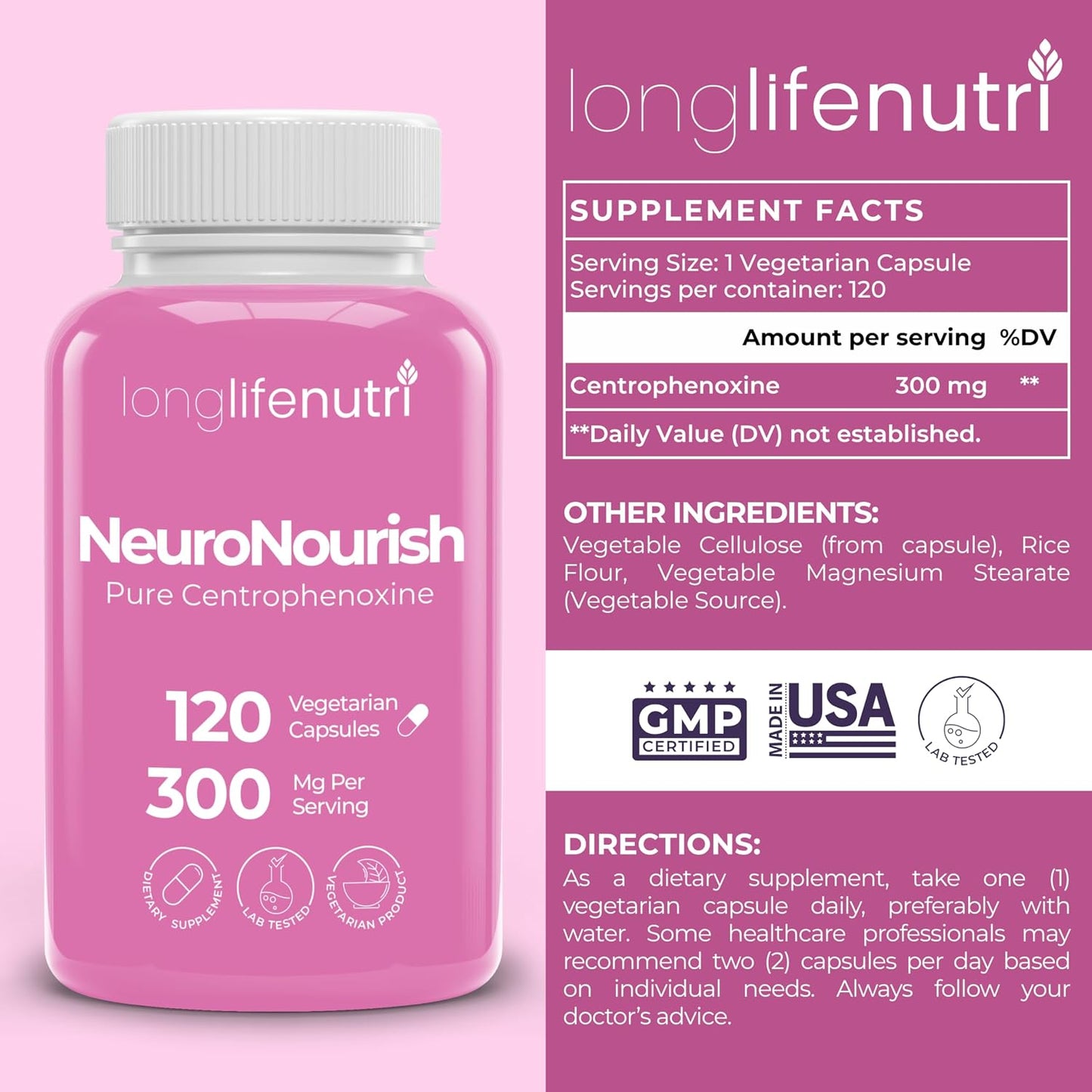 LongLifeNutri NeuroNourish Centrophenoxine 300mg, 120 Vegetarian Capsules - görsel 2