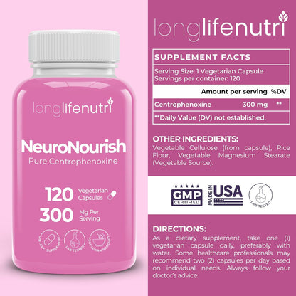 LongLifeNutri NeuroNourish Centrophenoxine 300mg, 120 Vegetarian Capsules