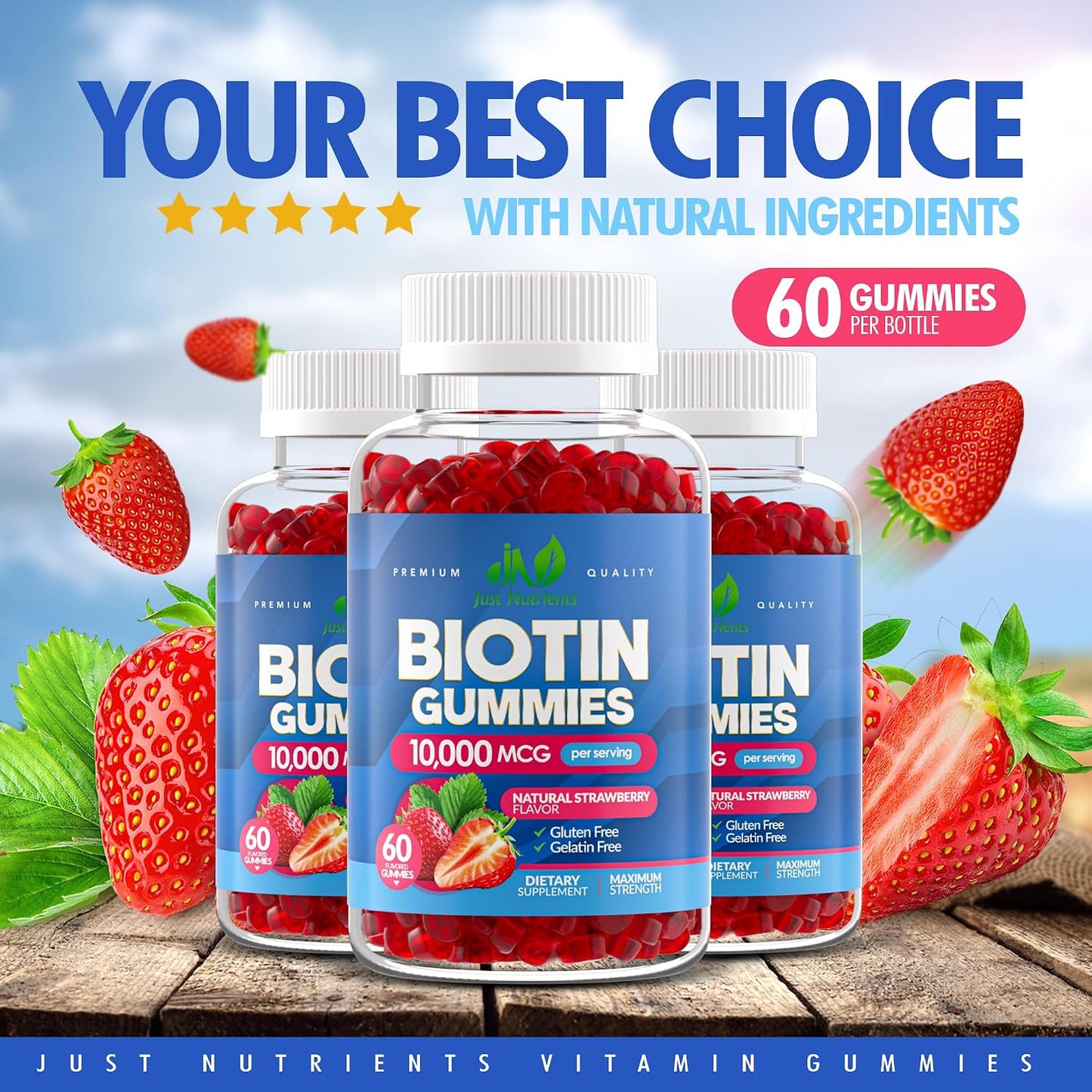 Biotin 10,000mcg Gummies for Hair, Skin & Nails - 2x Maximum Strength Biotin Vitamins for Women & Men - Gluten-free, Vegan, Non-GMO, Great Tasting Strawberry Flavour - 60 Gummies - görsel 4