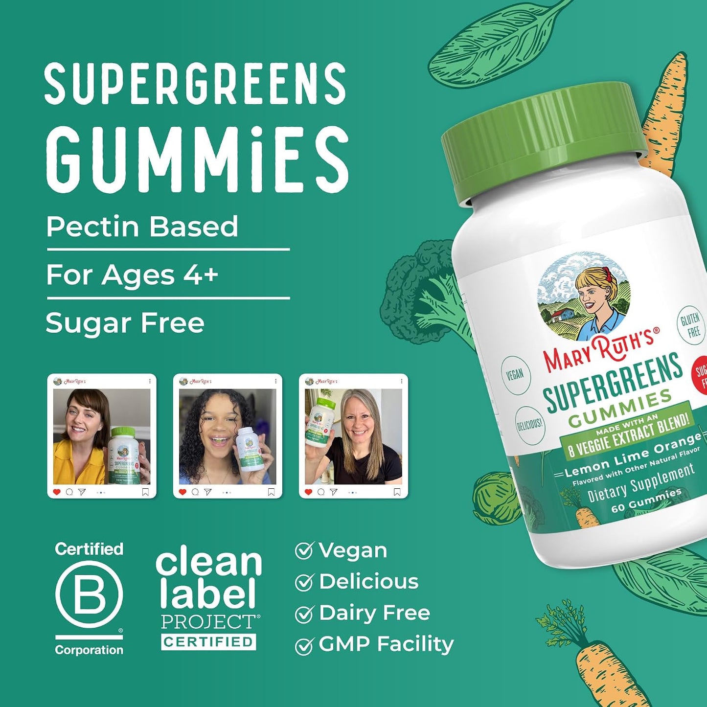 MaryRuth's Super Greens | Naturally-Occurring Quercetin | Spirulina | Broccoli Root | Kale Leaf | Sugar-Free Gummies for Adults and Kids Ages 4+ | 2g Fibre | Vegan | 60 Gummies - görsel 9