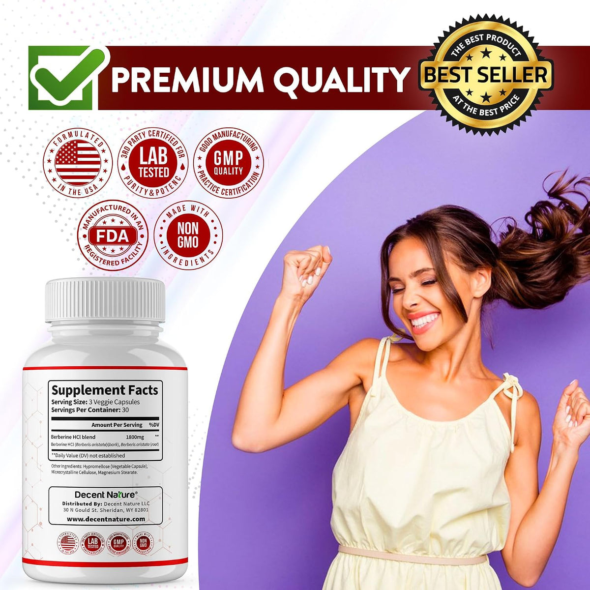 DECENT NATURE Berberine HCl 1800mg - 97% High Purity Supplement, 90 Vegan Capsules - görsel 8