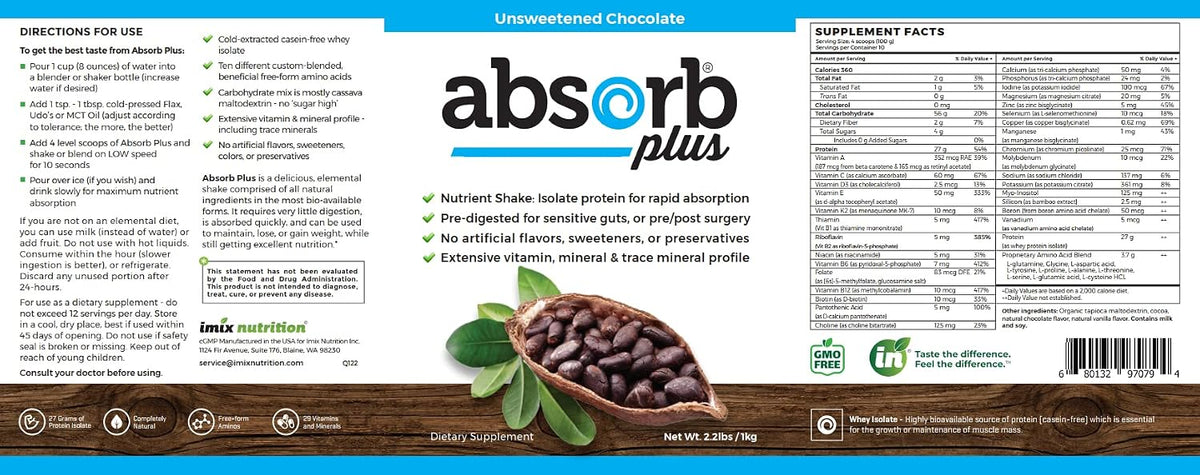 Absorb Plus Isolate Protein - Gut Health Supplement, 1 kg Unsweetened Chocolate - görsel 4