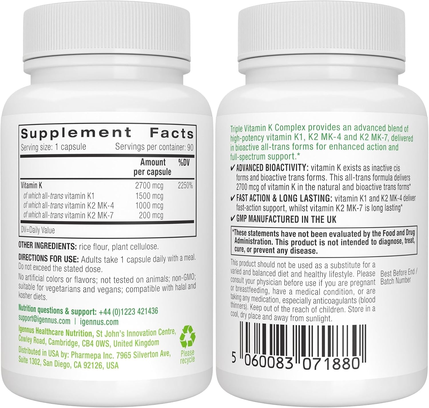 Igennus High Potency Vitamin K Complex, K1 & K2 (MK-4 & MK-7), 90 Capsules - görsel 6