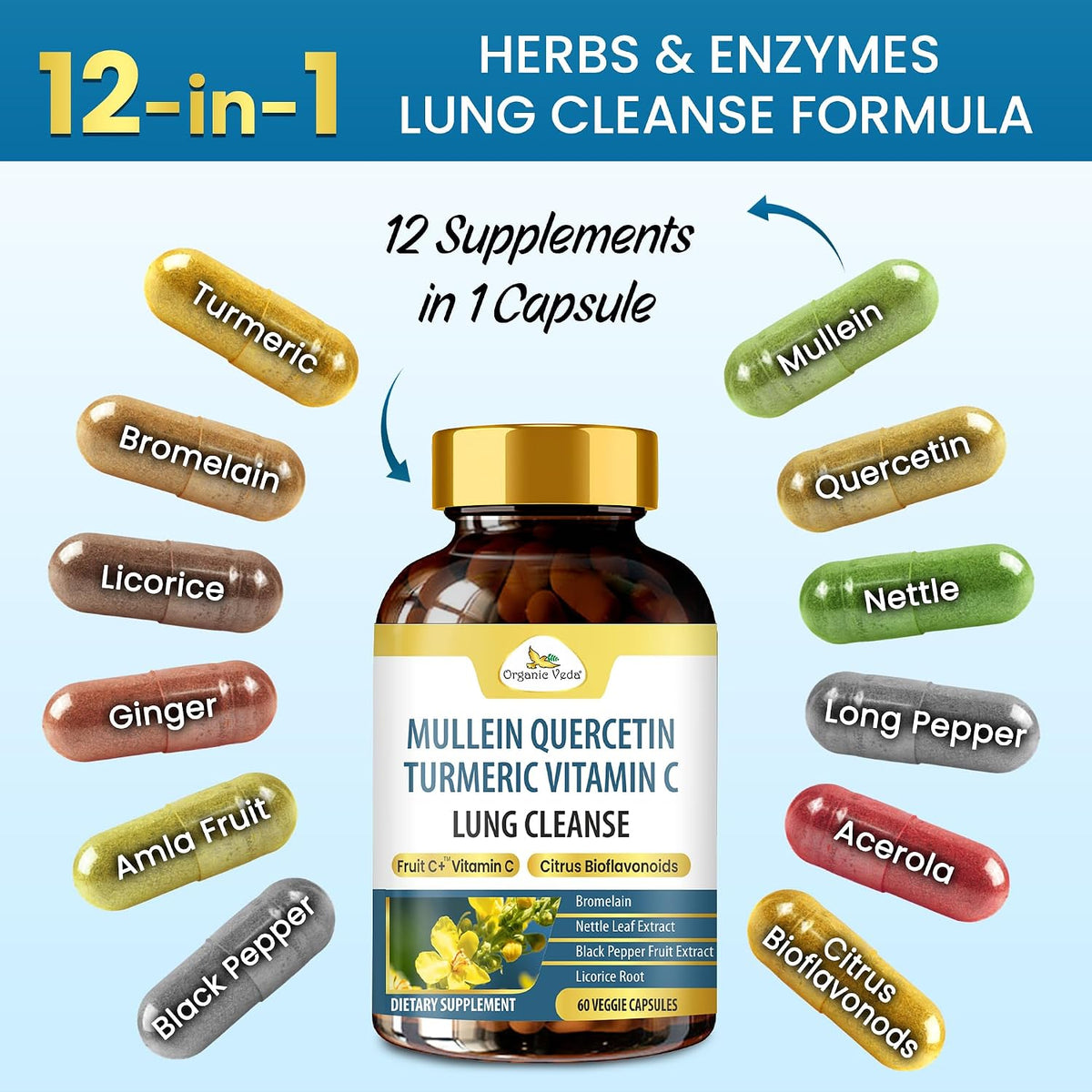 Organic Veda Mullein Quercetin Turmeric Lung Cleanse Capsules - 13 in 1 Herbal Lung Health Supplement - görsel 3