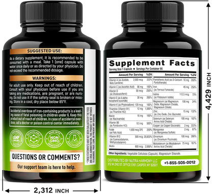 Bariatric Multivitamin - 45 mg Iron Supplement - Lab Tested - for Women and Men - All-in-One, 21 Essential Vitamins - Gastric Sleeve Support - Free of Sugar, Gluten and Soya - 90 Capsules, Once Daily
