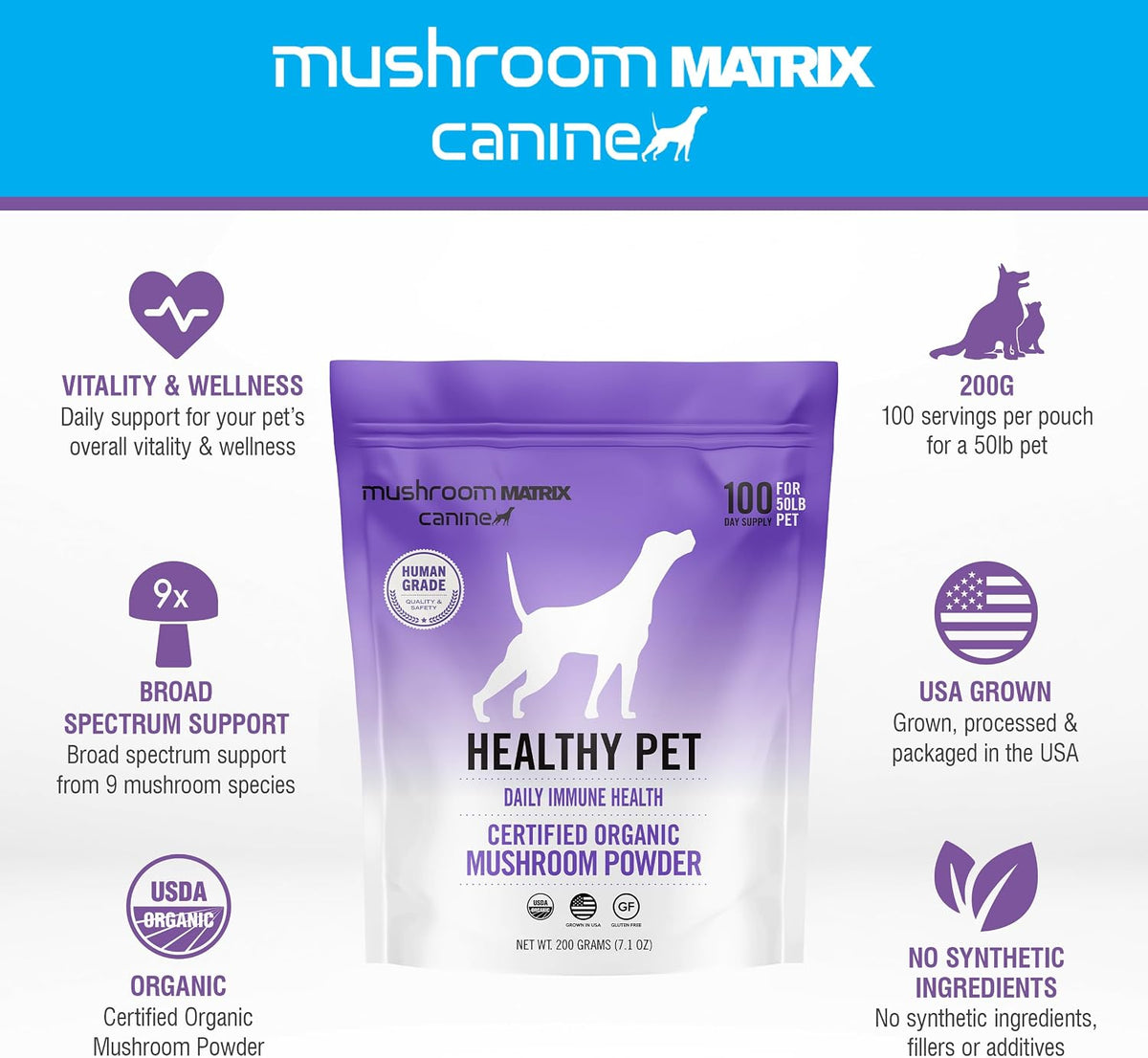 Om Mushroom Matrix Healthy Pet Mushroom Supplement – Organic Mushroom Powder for Dogs & Cats, 200g (7.1 oz) - görsel 3