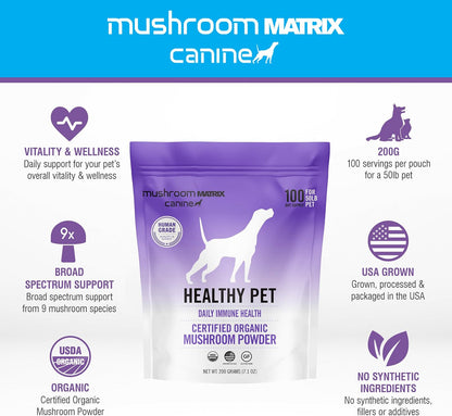 Om Mushroom Matrix Healthy Pet Mushroom Supplement – Organic Mushroom Powder for Dogs & Cats, 200g (7.1 oz)