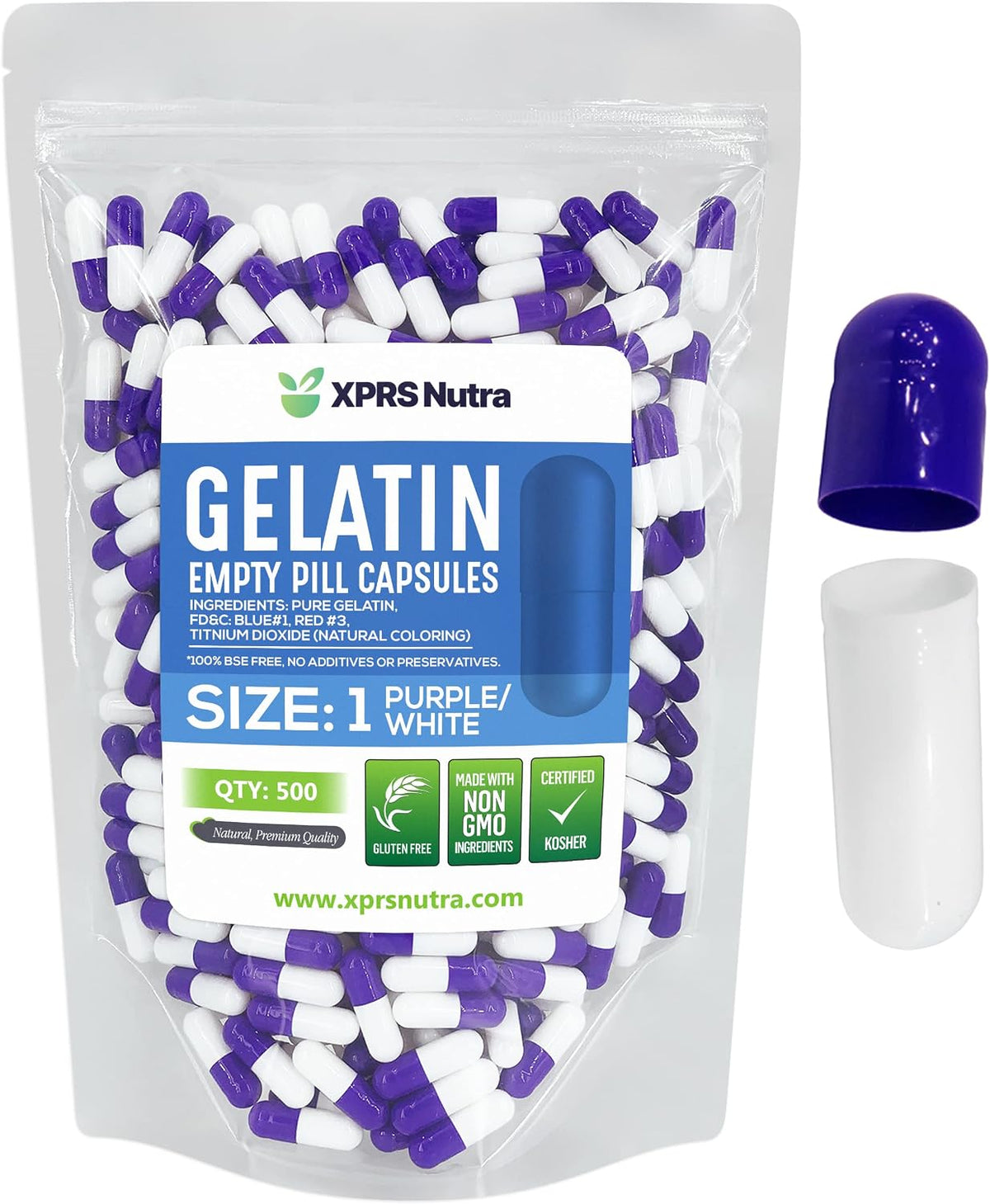 XPRS Nutra Size 1 Empty Gelatine Capsules - 500 Count (Purple/White) - görsel 1