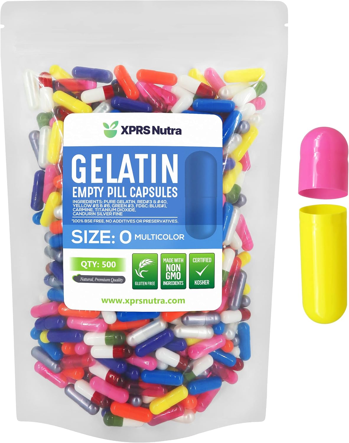 XPRS Nutra Size 0 Empty Gelatine Capsules - 500 Pack - DIY Capsule Filling - Pure Bovine Gelatine Capsules (Multi Colour) - görsel 1
