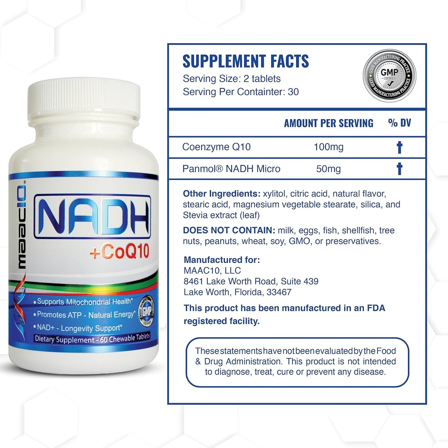 MAAC10 NADH + CoQ10 Supplement - Chewable Tablets, 50mg PANMOL® NADH + 100mg CoQ10, for Energy and Mental Focus - görsel 2