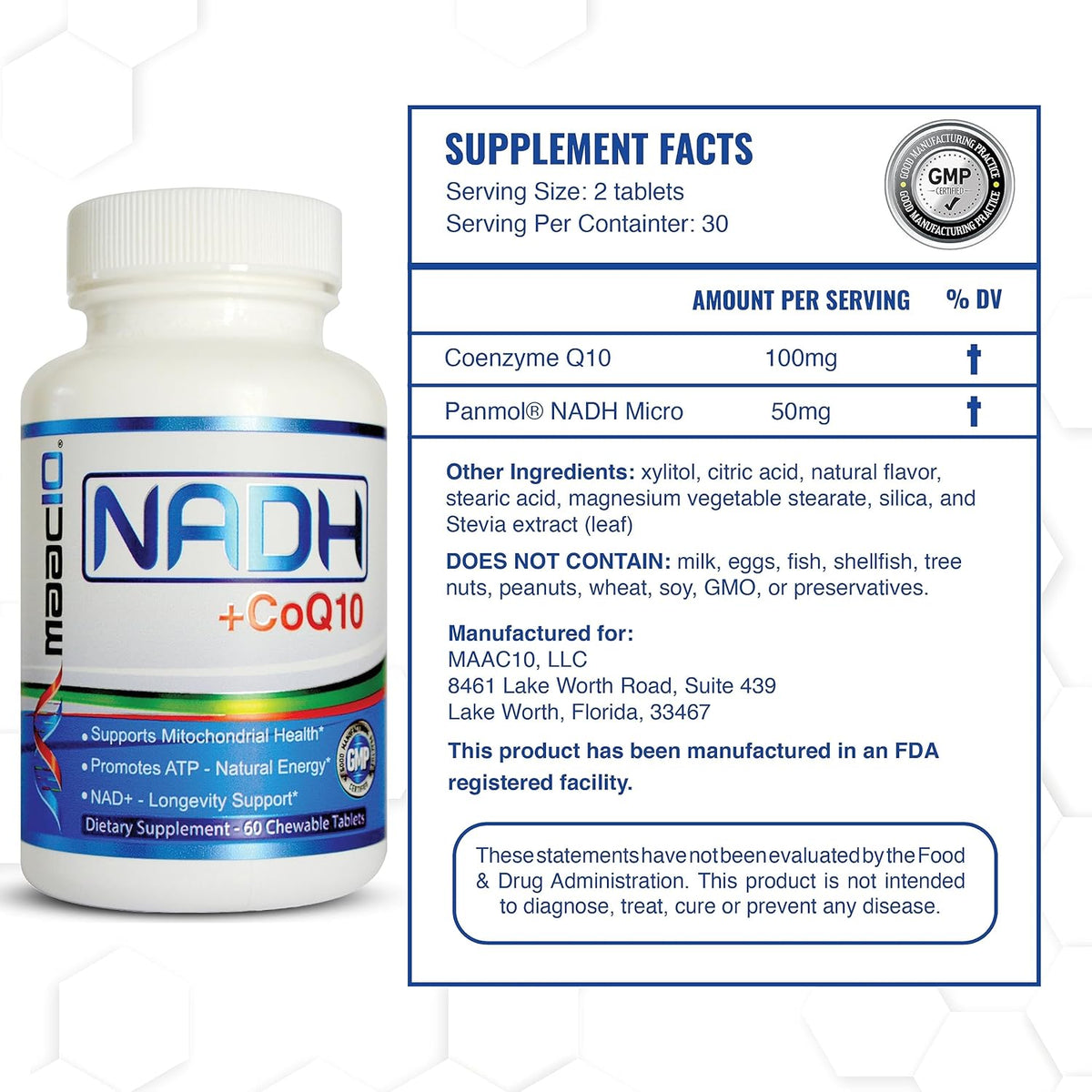 MAAC10 NADH + CoQ10 Supplement - Chewable Tablets, 50mg PANMOL® NADH + 100mg CoQ10, for Energy and Mental Focus - görsel 2