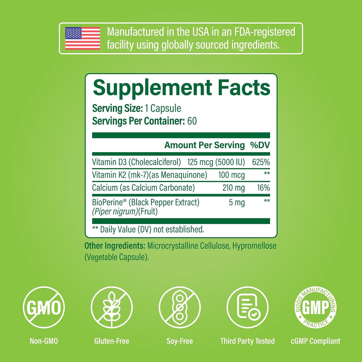 Noophoric Vitamin D3 K2 5000 IU, D3 with K2 MK7, Vitamin D3 K2 Capsules with Calcium and BioPerine, Non-GMO, Gluten-free, Soya-free, 60 Capsules - görsel 6