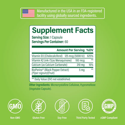 Noophoric Vitamin D3 K2 5000 IU, D3 with K2 MK7, Vitamin D3 K2 Capsules with Calcium and BioPerine, Non-GMO, Gluten-free, Soya-free, 60 Capsules