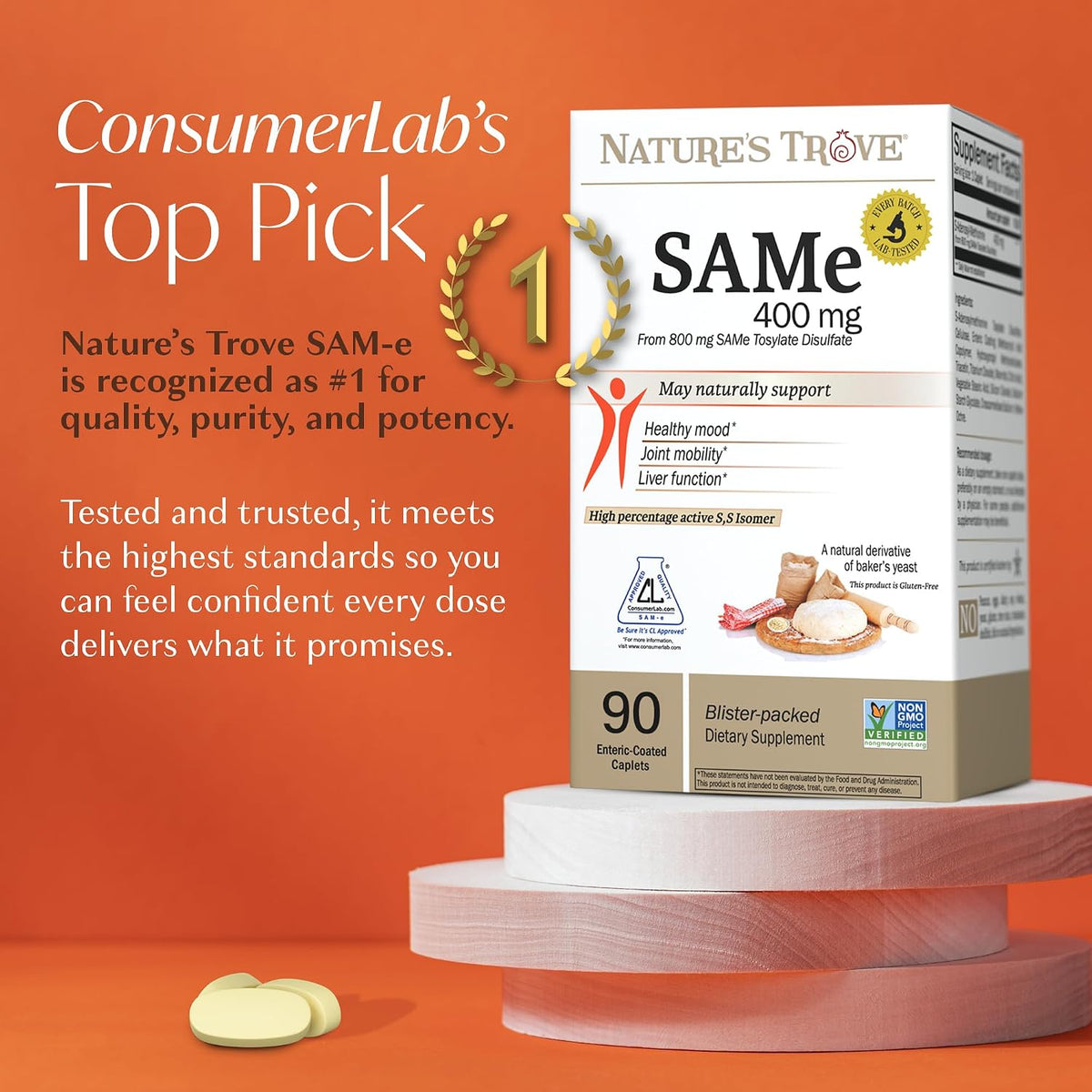 Nature's Trove SAM-e 400mg 90 Enteric Coated Caplets. Vegan, Kosher, Non-GMO Verified, Soya-free, Gluten-free - Cold Form Blister Packed. - görsel 2