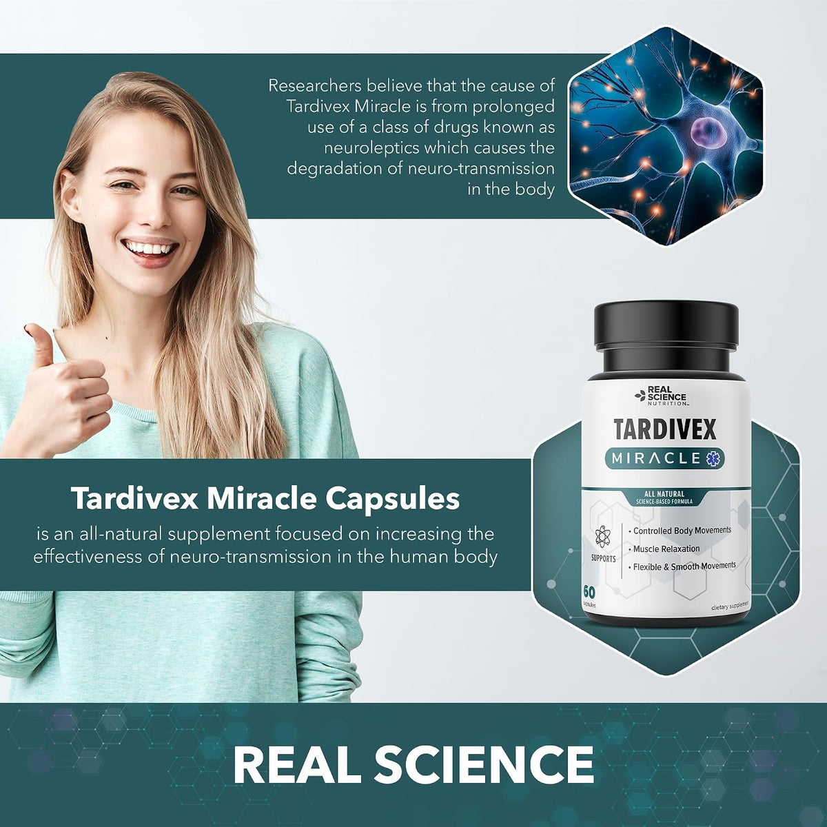 Real Science Tardivex Natural Nerve Support Supplement for Neurological Balance - Includes Vinitrox, GABA and Essential Vitamins for Controlled Movement and Coordination - Manufactured in the USA, 60 Capsules - görsel 5