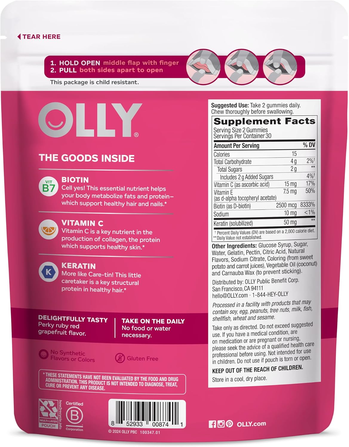 OLLY Undeniable Beauty Gummy – Biotin, Vitamin C & Keratin for Hair, Skin & Nails, Grapefruit, 60 Gummies - görsel 8